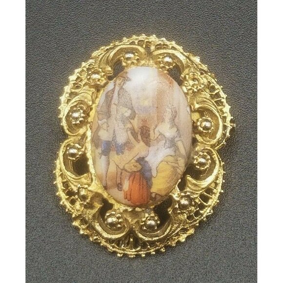 Victorian Fragonard Rococo Style Print on Ornate Oval Gold Tone Brooch Pin - Picture 1 of 4